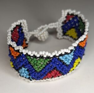 Seed Beaded Woven Beadwork Bracelet Rainbow Triangle Pattern Blue Stripe